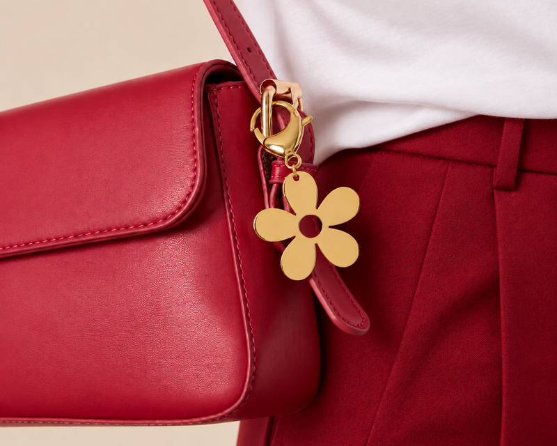 Rode handtas met goudkleurige bloemen sleutelhanger als stijlvolle accessoire.