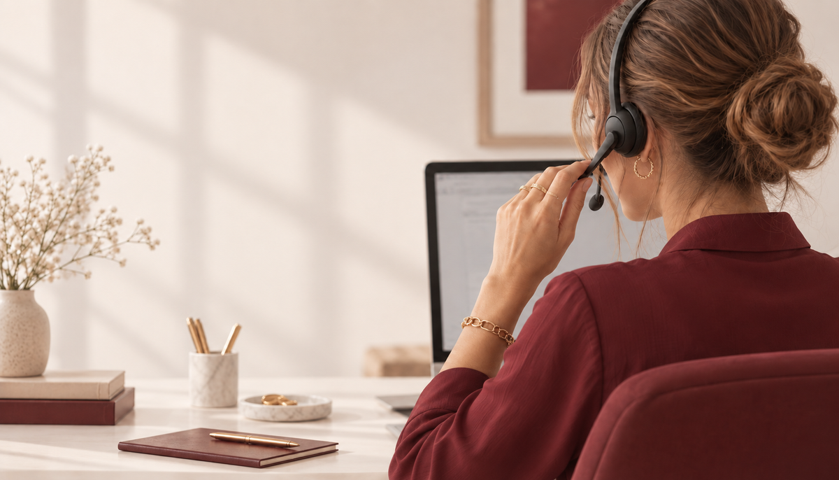Klantenservicemedewerker met headset achter een computer aan een bureau.